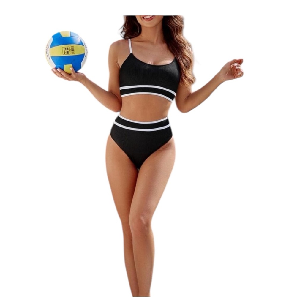 BNJL- Black White Trim Ribbed Bikini Set- Medium